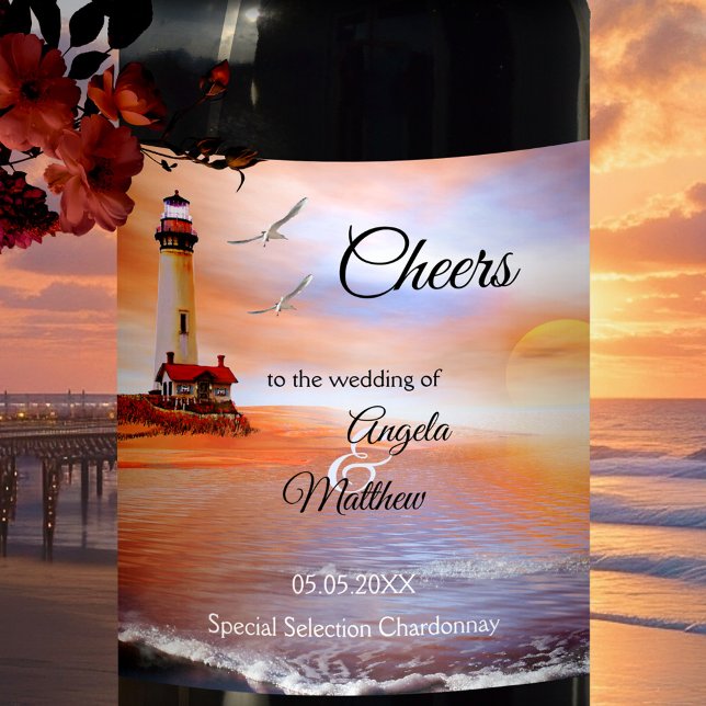 Lighthouse Nautical Beach Wedding Wine Label (Elegant wine label featuring a romantic painting of an ocean with lighthouse and seagulls at sunset)