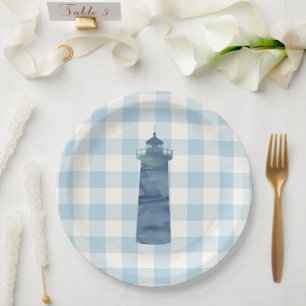 Lighthouse Nautical Blue Gingham Check Pattern Paper Plate