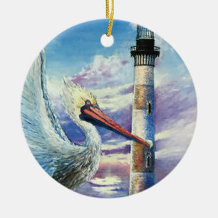 Lighthouse Nautical Oil Painting Bird Beach Blue Ceramic Tree Decoration