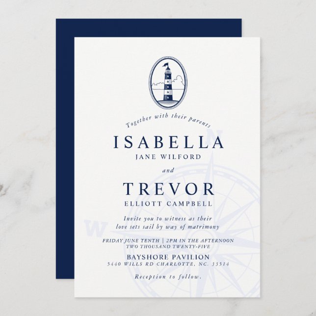 Lighthouse Nautical Wedding Invitation Solid Navy (Front/Back)