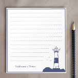 Lighthouse Navy Blue Notepad<br><div class="desc">A nautical notepad with an illustration of a lighthouse and customisable text in navy blue tones: an excellent gift for a sailor or a lover of oceans and maritime coasts! You can use them on a boat or at the office! If you prefer blank space, you can delete the lines...</div>