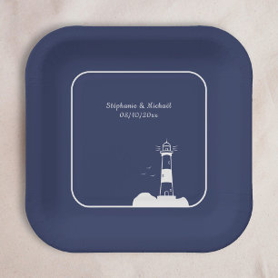 Lighthouse Navy Blue Wedding  Paper Plate