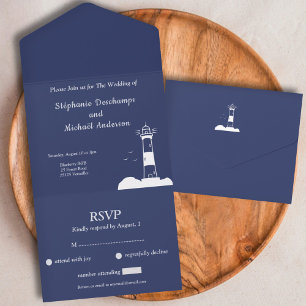 Lighthouse Navy Blue Wedding RSVP All In One Invitation