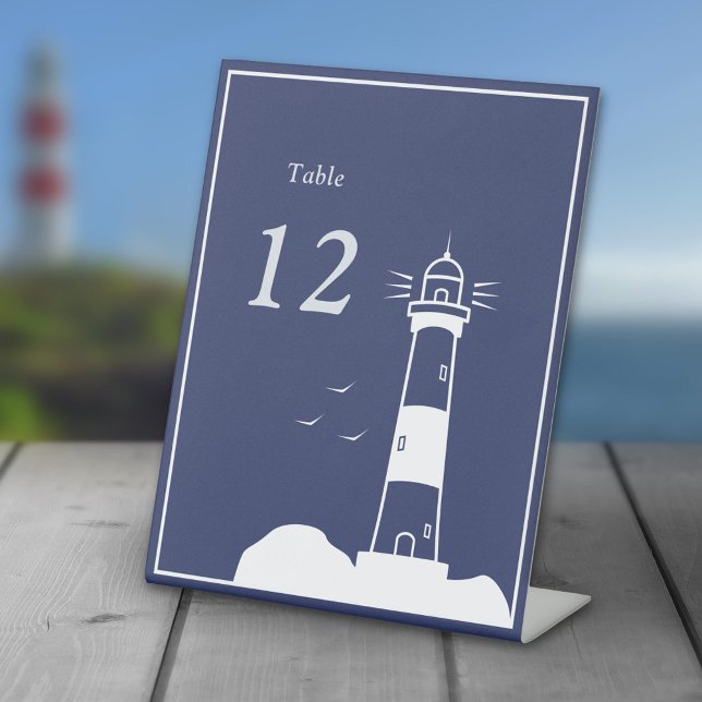 Lighthouse Navy Blue Wedding Table Numbers Pedestal Sign (Lighthouse Navy Blue Wedding Table Numbers)