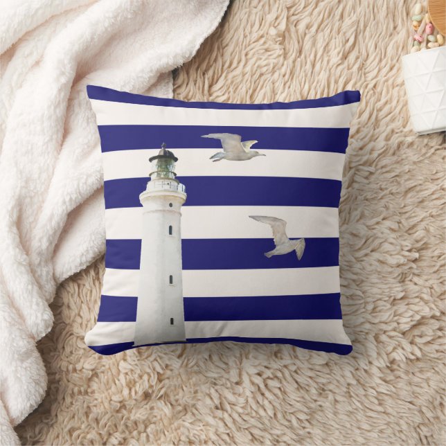 Lighthouse navy blue white nautical stripes gulls cushion (Blanket)
