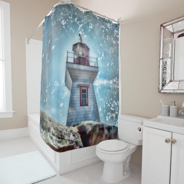Lighthouse Ocean Blue Nautical Coastal Shoreline Shower Curtain (In Situ)