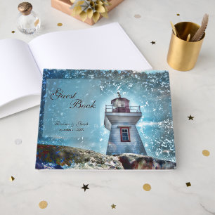 Lighthouse Ocean Blue Nautical Rustic Coastal Guest Book