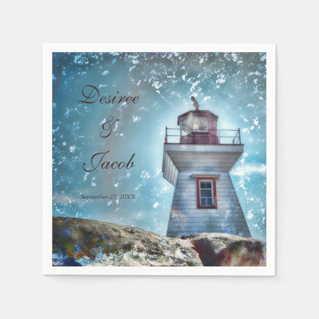 Lighthouse Ocean Blue Nautical Rustic Coastal Napkin (Front)