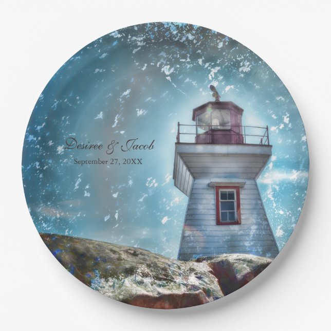 Lighthouse Ocean Blue Nautical Rustic Wedding Paper Plate (Front)