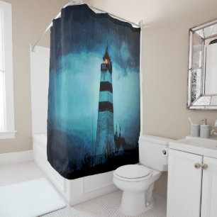 Lighthouse ocean dark blue rainy night shower curtain