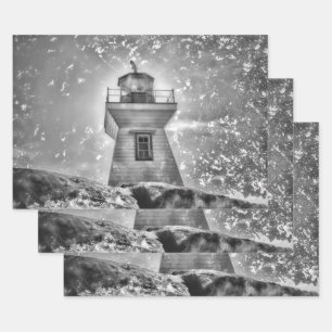 Lighthouse Ocean Nautical Black And White Coastal Wrapping Paper Sheet