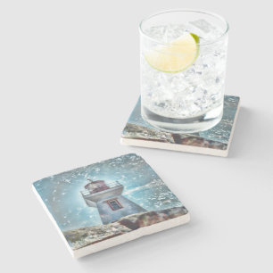 Lighthouse Ocean Nautical Blue Rustic Coastal Stone Coaster
