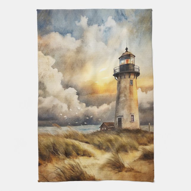 Lighthouse on a Beach Tea Towel (Vertical)