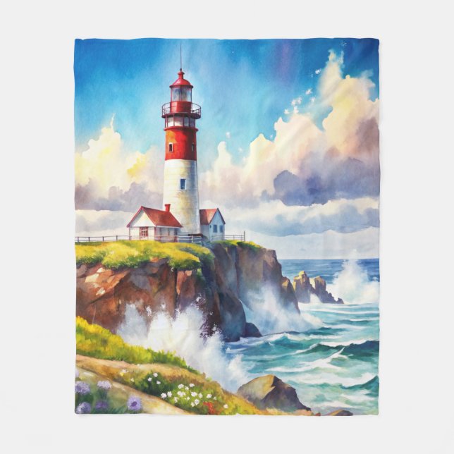 Lighthouse on a Cliff Fleece Blanket (Front)
