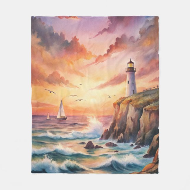 Lighthouse on a Cliff Fleece Blanket (Front)