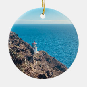 lighthouse on cliff blue ocean Hawaii Ceramic Tree Decoration