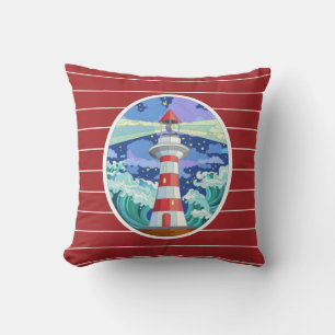 Lighthouse, on Crimson Red with pinstripes Cushion