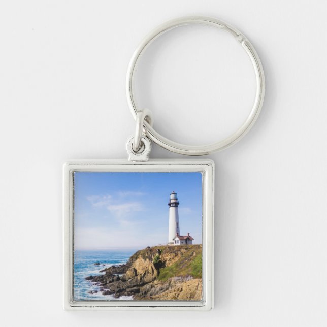 Lighthouse on hill blue sky white house ocean key ring (Front)