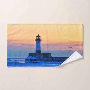 Lighthouse on Lake Superior Sunrise Hand Towel