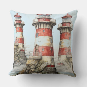 Lighthouse on Rocks Throw Pillow