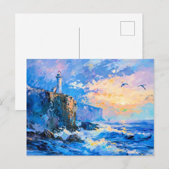 Lighthouse on Rocky Coast Impressionist Seascape Postcard (Front/Back)