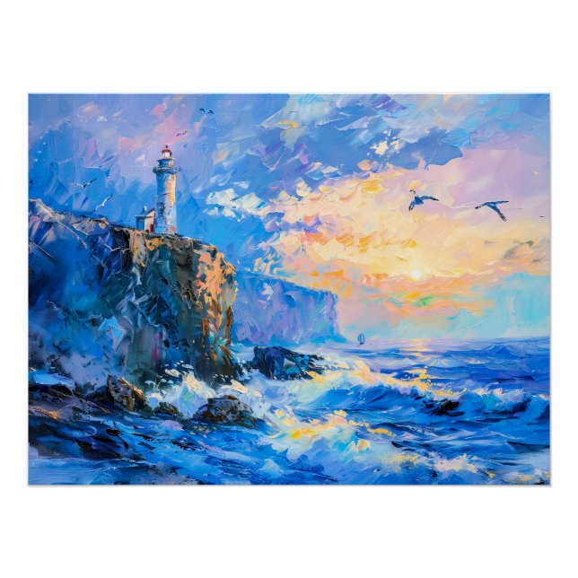 Lighthouse on Rocky Coast Impressionist Seascape Poster (Front)