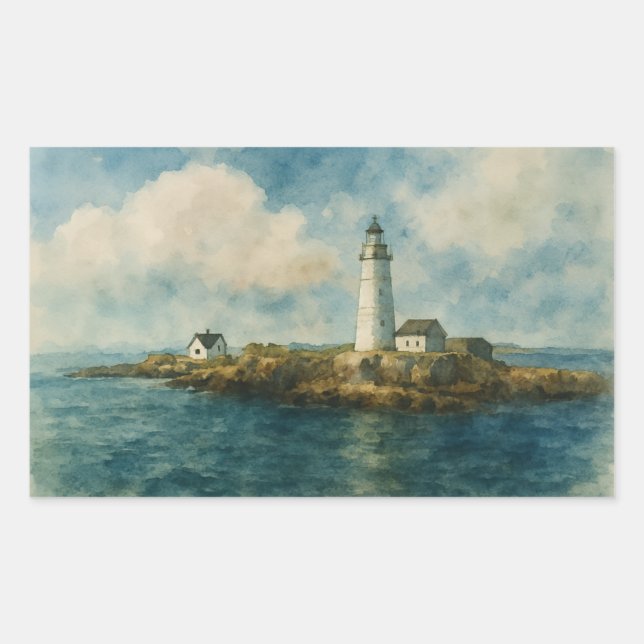 Lighthouse on Rocky Island – Coastal Boston Rectangular Sticker (Front)