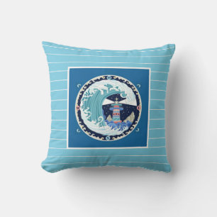 Lighthouse, on shades of blues with pinstripes cushion