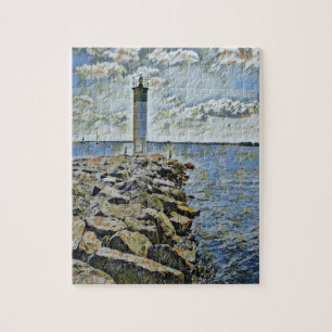Lighthouse on shore of lake jigsaw puzzle