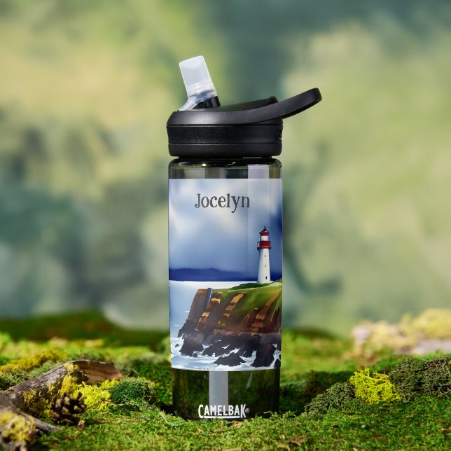 Lighthouse on the Cliffs Watercolor Personalised Water Bottle (Outdoor)