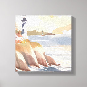 Lighthouse on the Shore   Watercolor Ocean Canvas Print