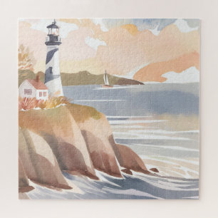 Lighthouse on the Shore Watercolor Ocean Jigsaw Puzzle