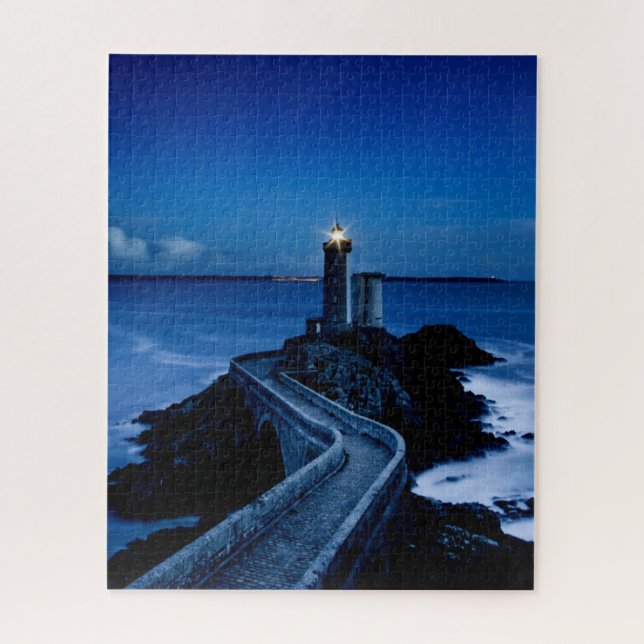 Lighthouse on wall in ocean at night jigsaw puzzle (Vertical)