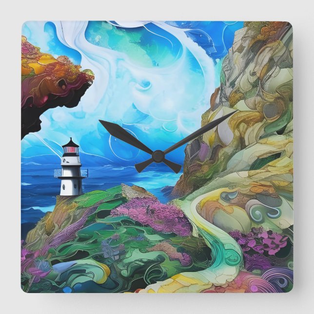 Lighthouse over looking the Sea Square Wall Clock (Front)