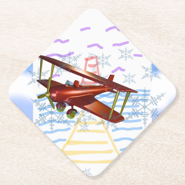 Lighthouse Pier Biplane Blue Waves Paper Coaster (Front)