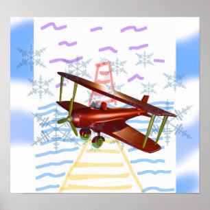 Lighthouse Pier Biplane Blue Waves Poster