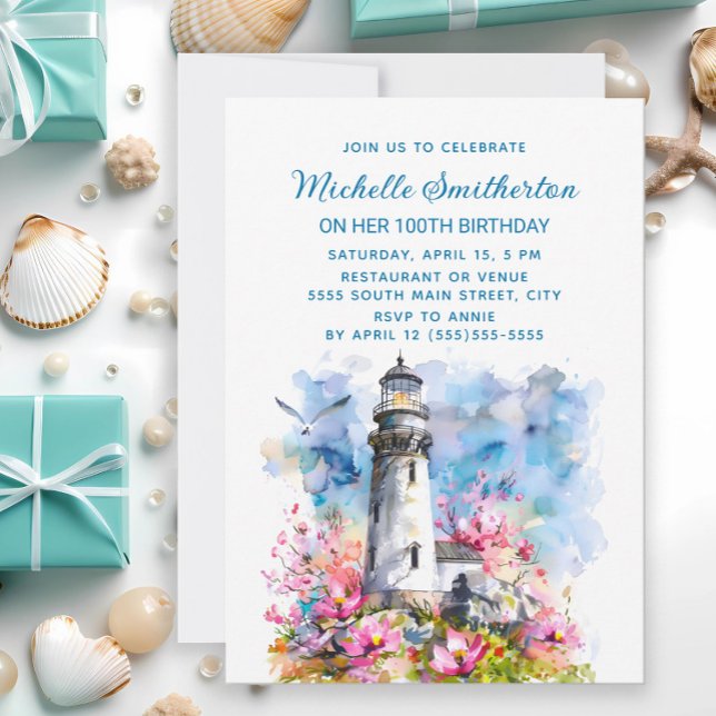 Lighthouse Pink Flowers 100th Birthday Invitation (Lighthouse and cherry blossoms birthday party invitation)