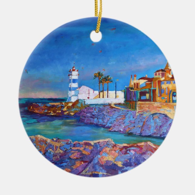 Lighthouse Portugal Cascais Ceramic Tree Decoration (Front)
