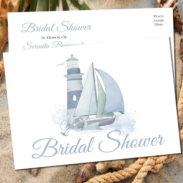 Lighthouse Sailboat Blue Nautical Bridal Shower Invitation Postcard (Creator Uploaded)