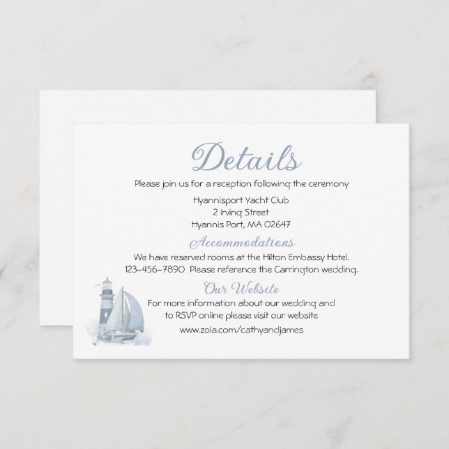 Lighthouse Sailboat Blue Nautical Wedding Details  Enclosure Card (Front/Back)