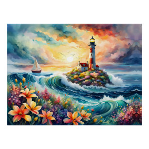 Lighthouse Sailboat Floral Beauty Watercolor Poster