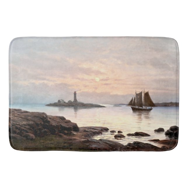 Lighthouse & Sailboat In Moonlight Bath Mat (Front)