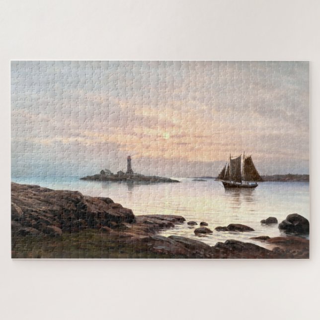 Lighthouse & Sailboat In Moonlight Jigsaw Puzzle (Horizontal)