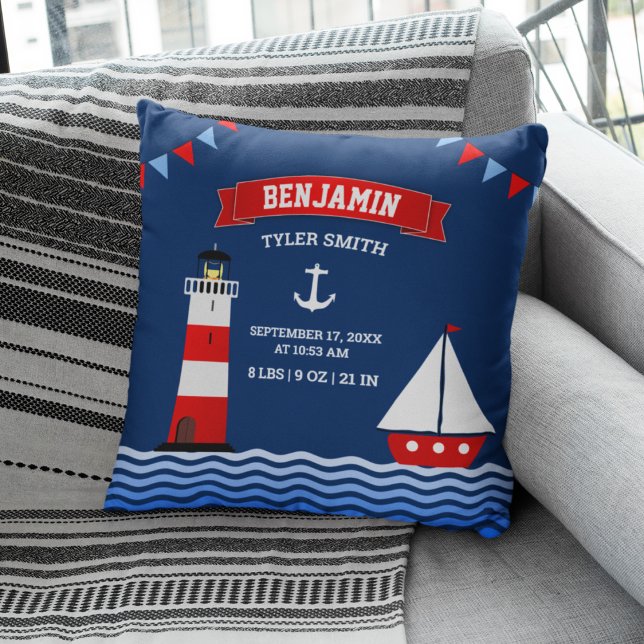 Lighthouse Sailboat Nautical Baby Boy Birth Stats Cushion (Creator Uploaded)