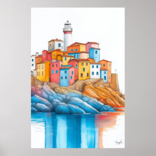 Lighthouse Seacoast Illustration Pastel Drawing Poster
