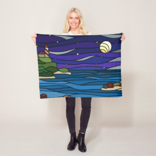 Lighthouse Seashore Under Night Sky Moon Stars Fleece Blanket