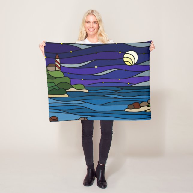 Lighthouse Seashore Under Night Sky Moon Stars   Fleece Blanket (In Situ)