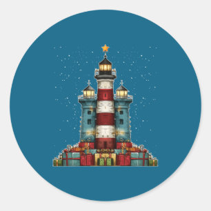 Lighthouse Seaside Christmas Tree Xmas Long Sleeve Classic Round Sticker
