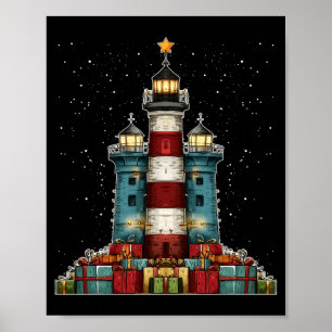 Lighthouse Seaside Christmas Tree Xmas Long Sleeve Poster