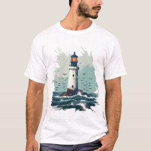 Lighthouse Shining Over Waves - Minimalist Art T-Shirt